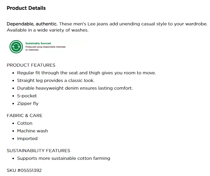 Product details about Lee brands jeans on the Kohl's website.