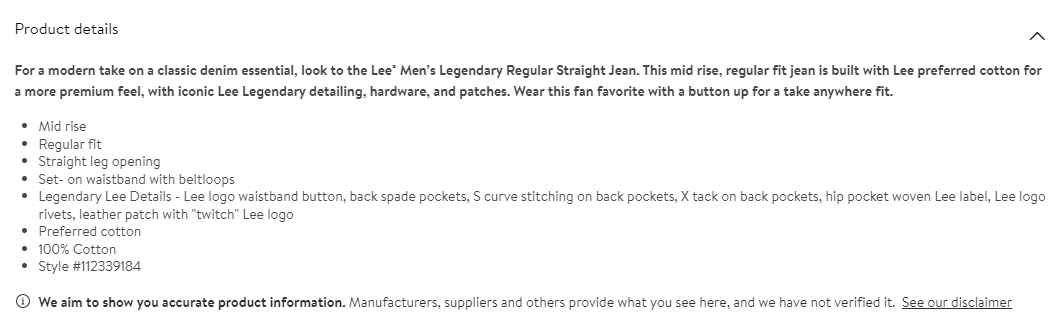 Product details for Lee brand jeans on Walmart.