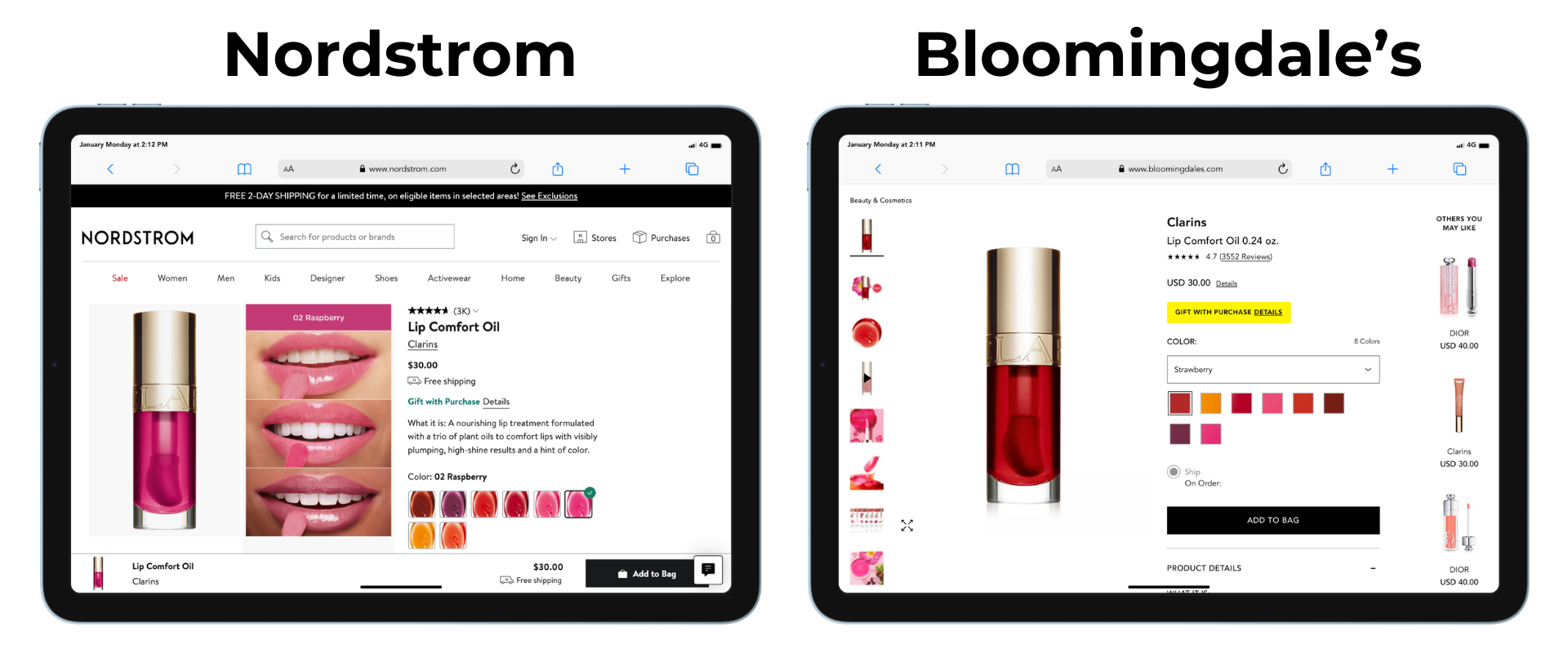 Comparison of PDP pages on Nordstrom & Bloomingdale's for Clarins.