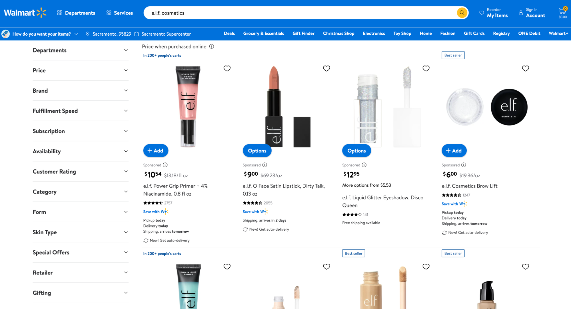 e.l.f. cosmetics sponsored ads on the Walmart e-commerce channel.