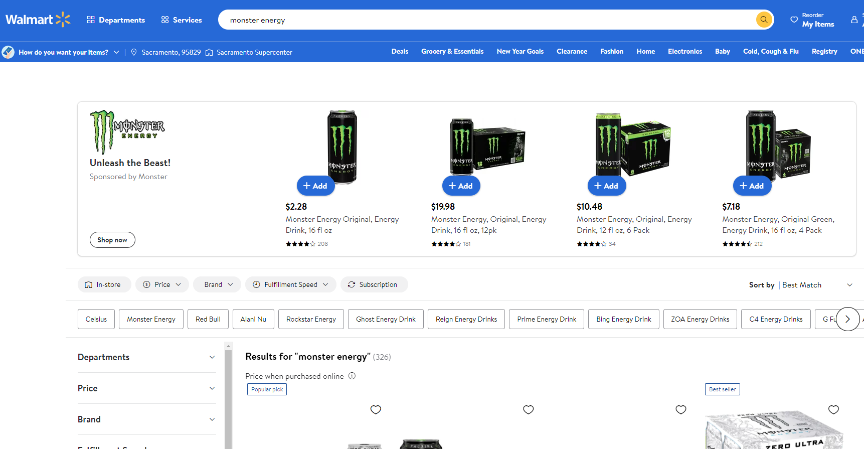 Search engine results for Monster Energy on Walmart.