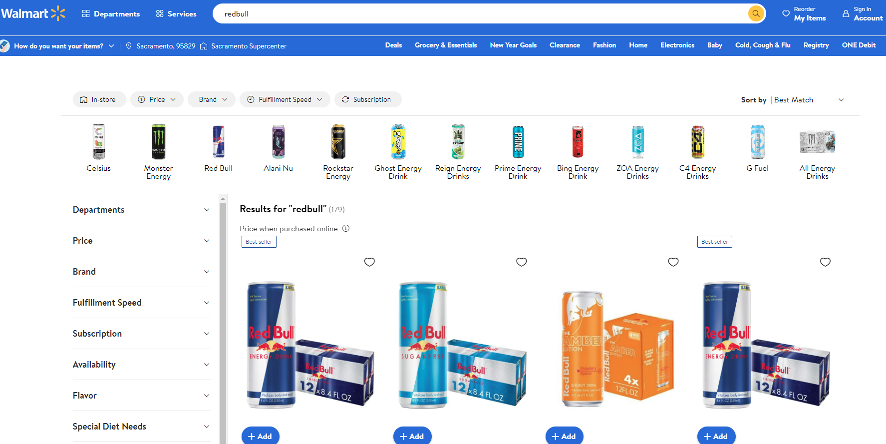 Search engine results for Red Bull on Walmart.