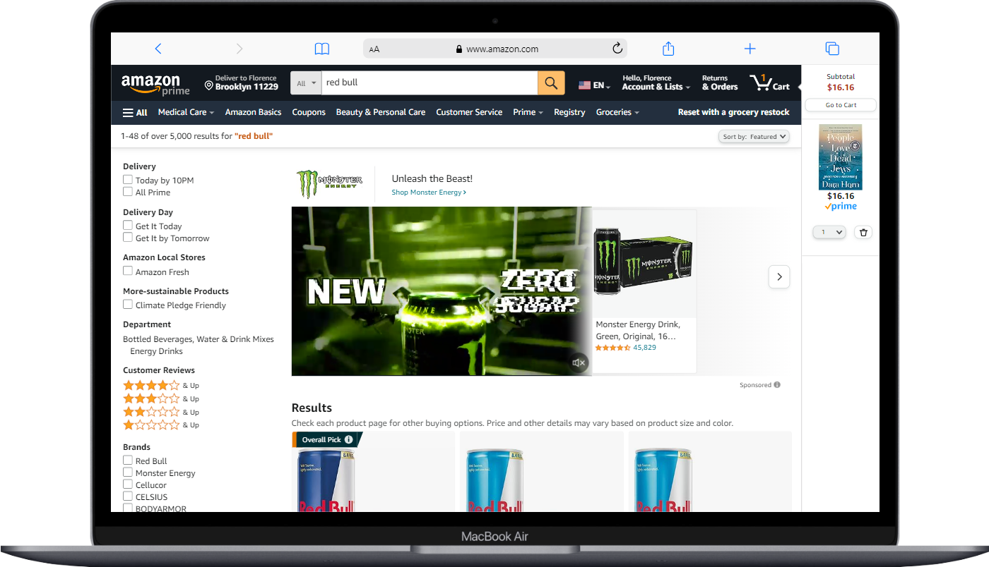 Screen grab of search results for Red Bull which displays the aggressive Monster Energy campaign.
