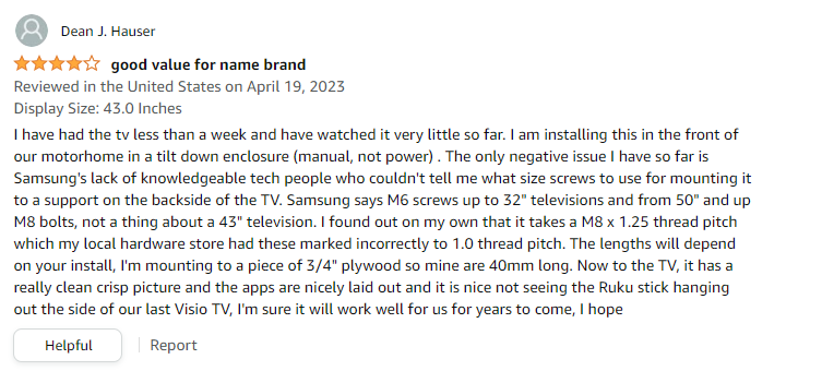 Direct-to-Consumer review of a Samsung TV on Amazon.