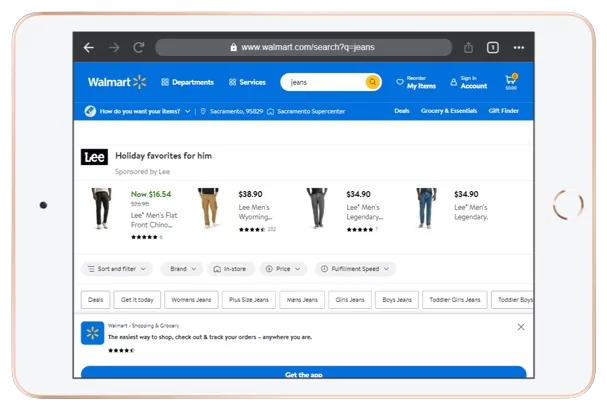 Search engine results page on Walmart highlighting sponsored ads by the Lee brand.