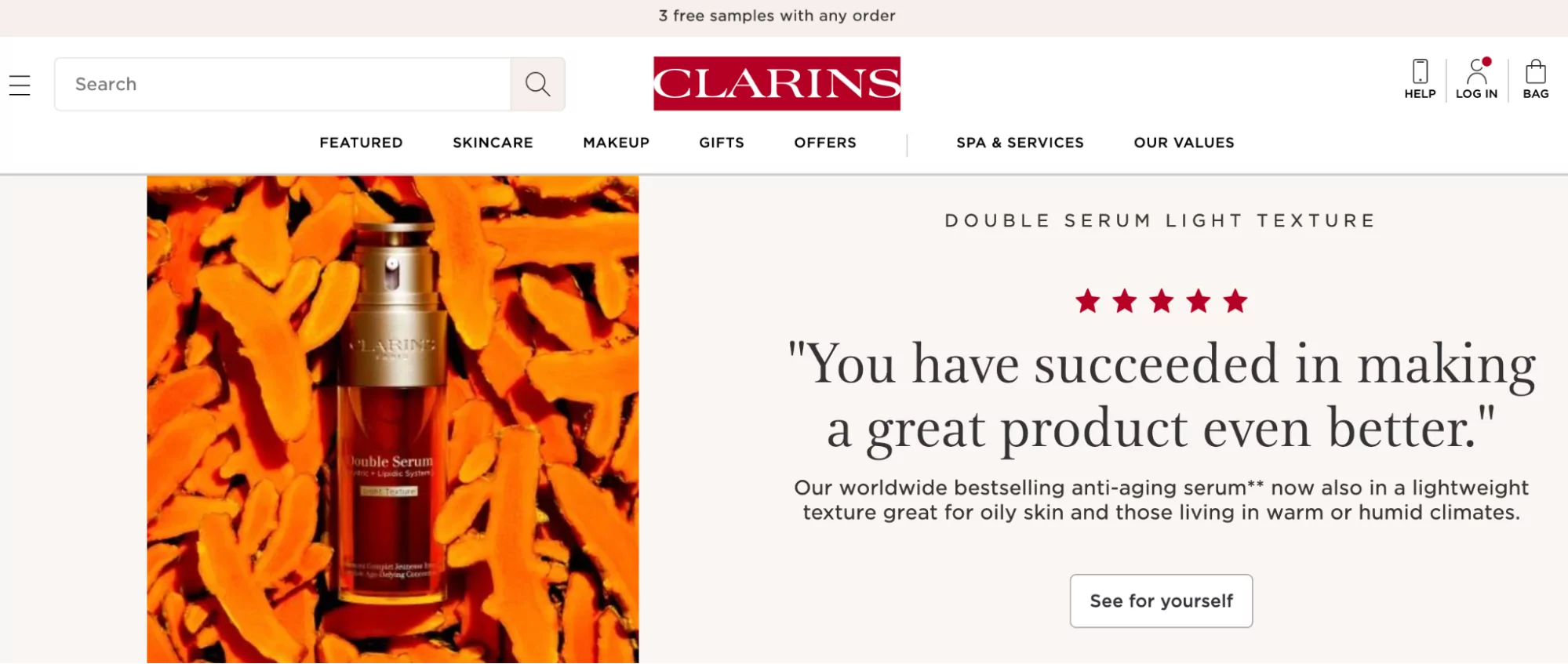 Clarins home page puts ratings and reviews front and center to add credibility and drive conversions.
